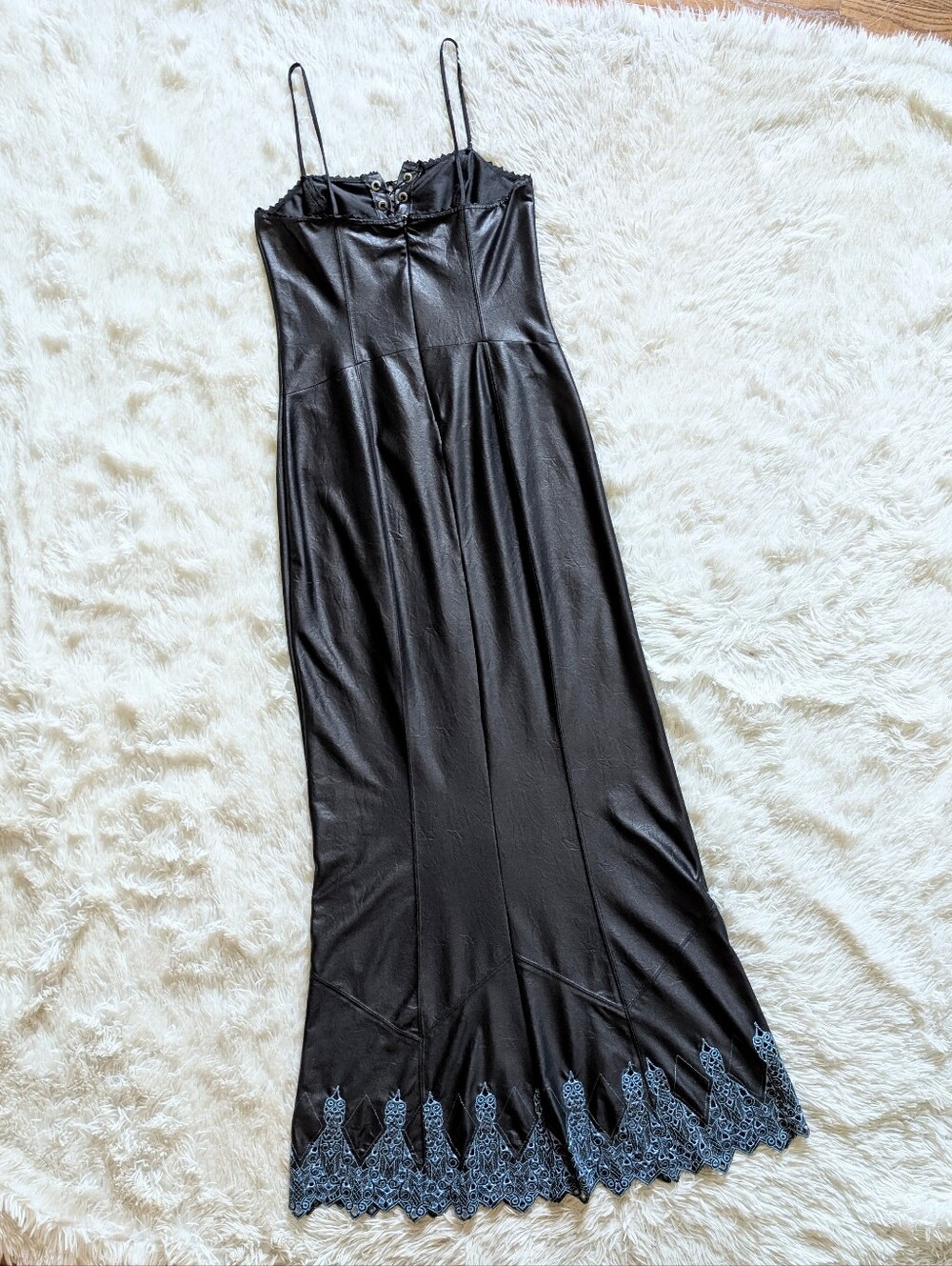 90s Lip Service Lace Up Corset Faux Leather Embroidered Maxi Dress Medium - Picture 9 of 16